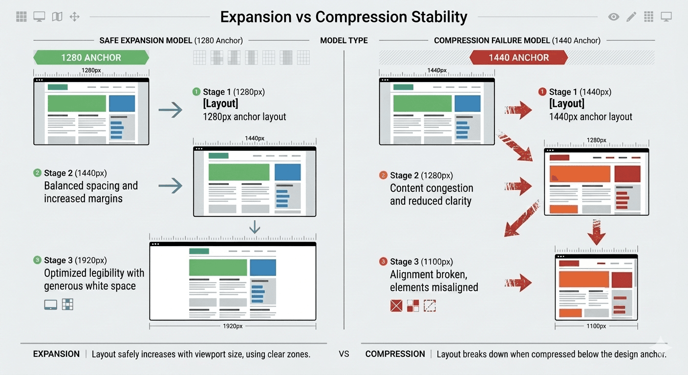 Diagram illustrating how layouts designed at 1280px scale better than those designed at 1440px or 1920px